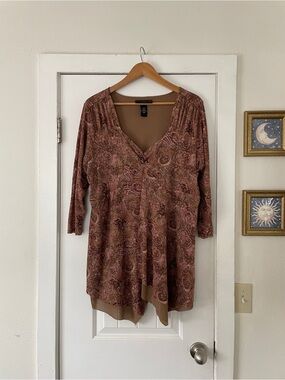 Venezia Y2K Brown Paisley V-Neck Tunic Top Women Size 18/20 2X Asymmetrical